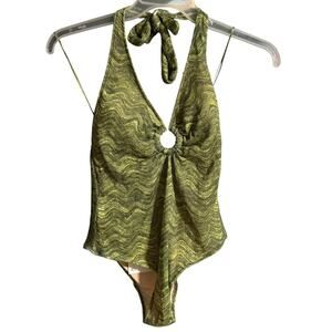 Zara Olive Green textured Halter One Piece Swismuit Ring Detail Open Back